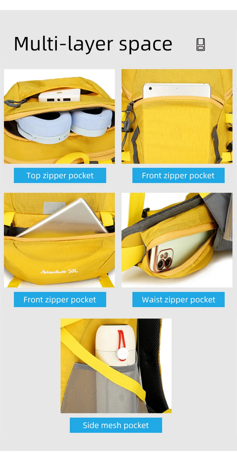 50l waterproof camping backpack with rain cover and multi-pocket design, nylon - product image