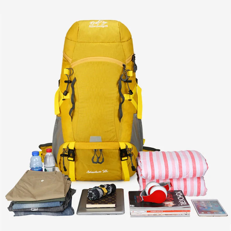 50l waterproof camping backpack with rain cover and multi-pocket design, nylon - product image