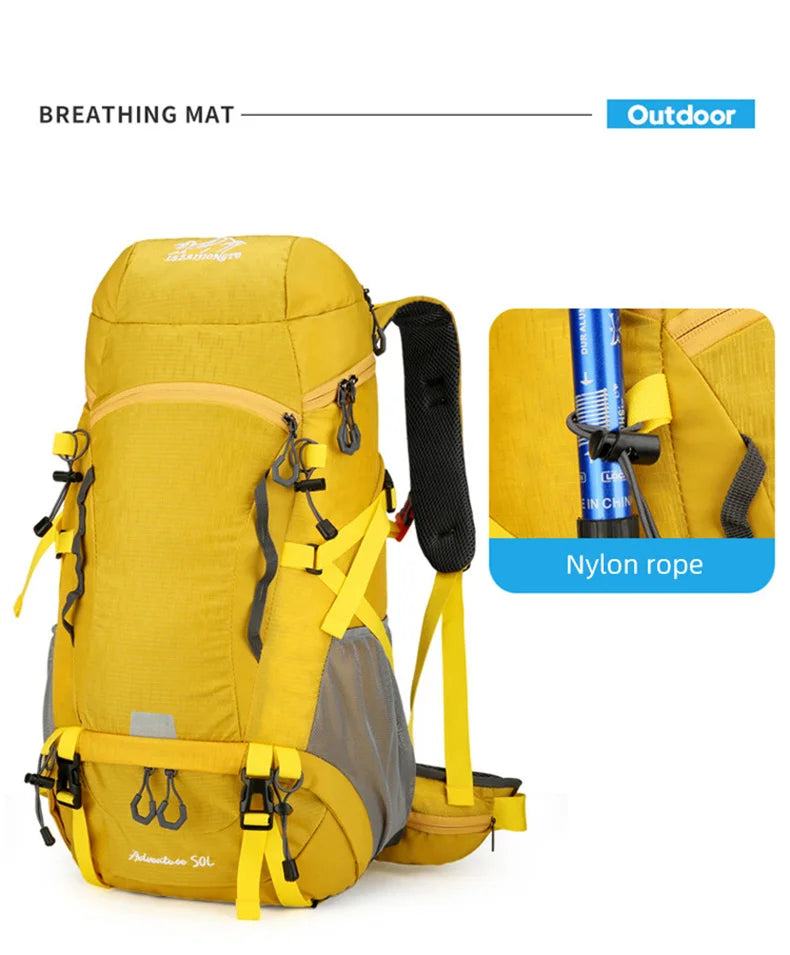 50l waterproof camping backpack with rain cover and multi-pocket design, nylon - product image