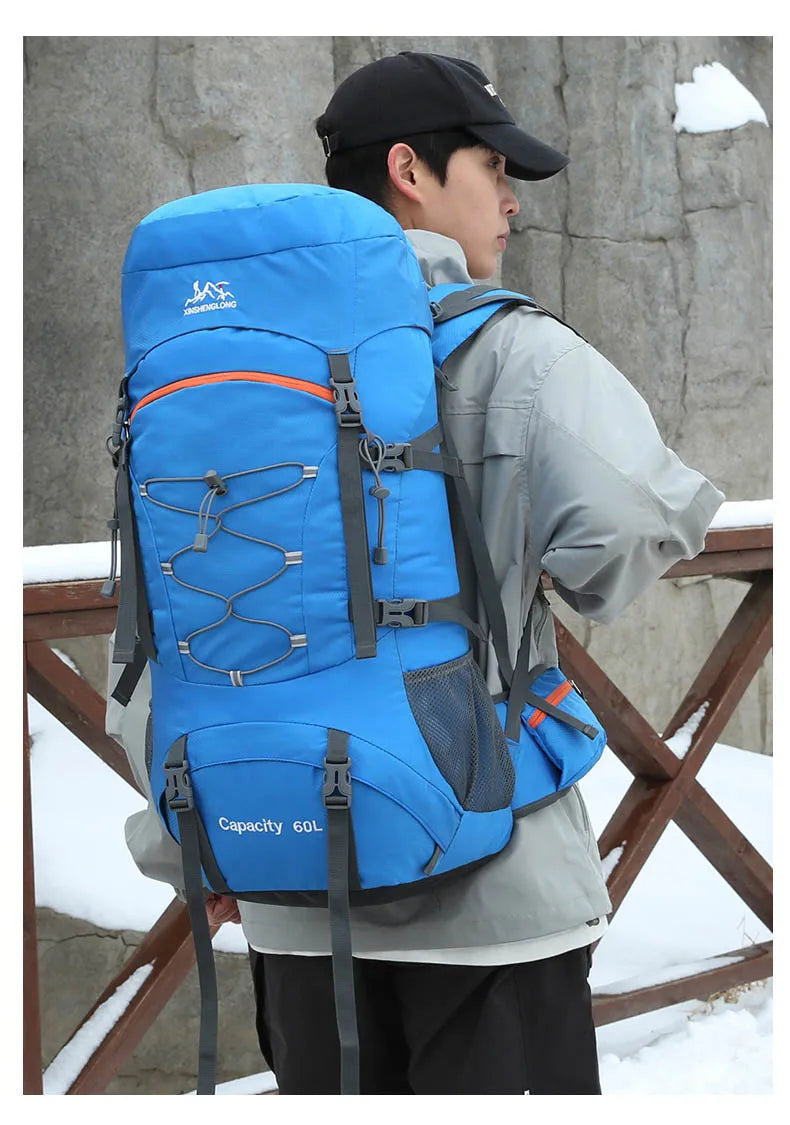 60l waterproof nylon travel camping hiking backpack with rain cover - product image