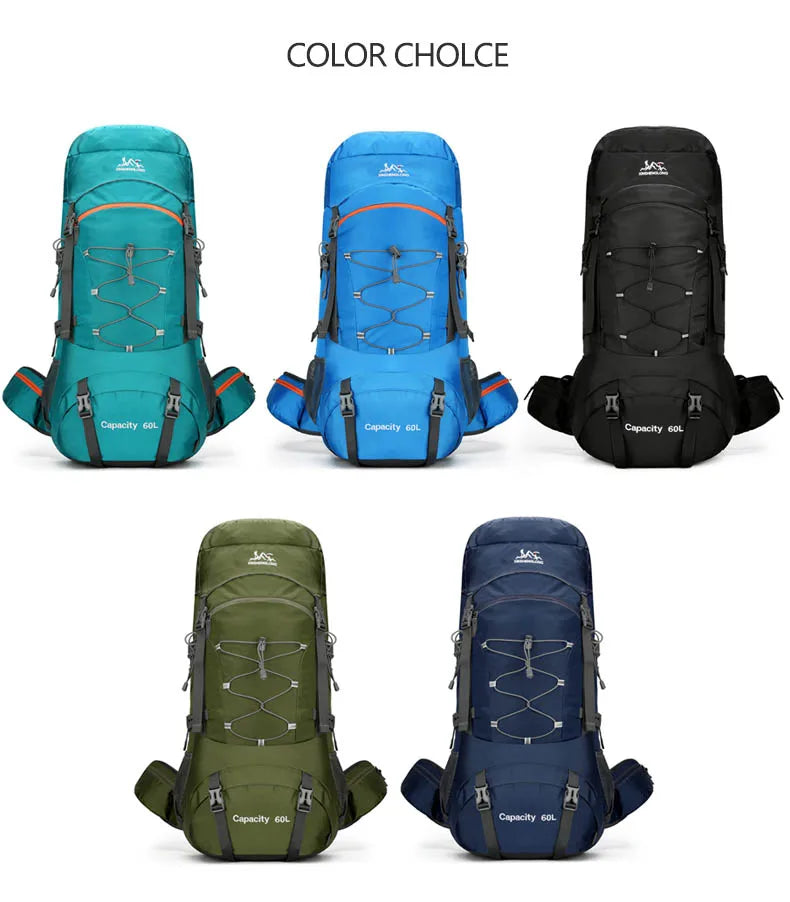 60l waterproof nylon travel camping hiking backpack with rain cover - product image