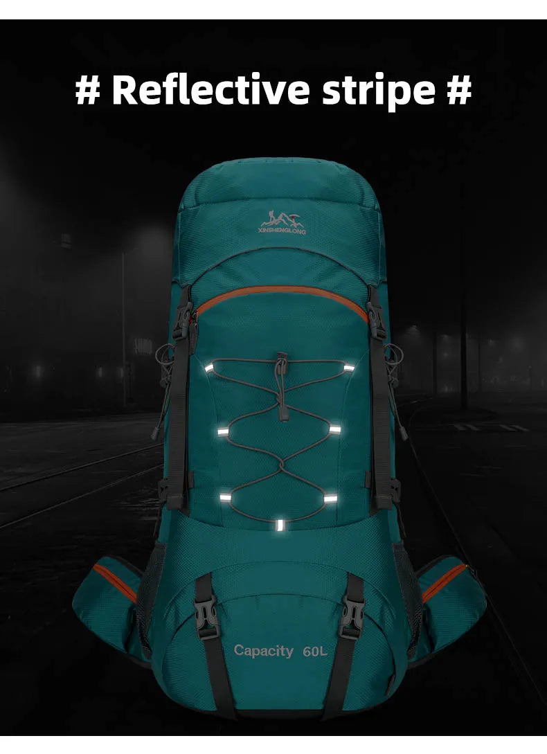 60l waterproof nylon travel camping hiking backpack with rain cover - product image