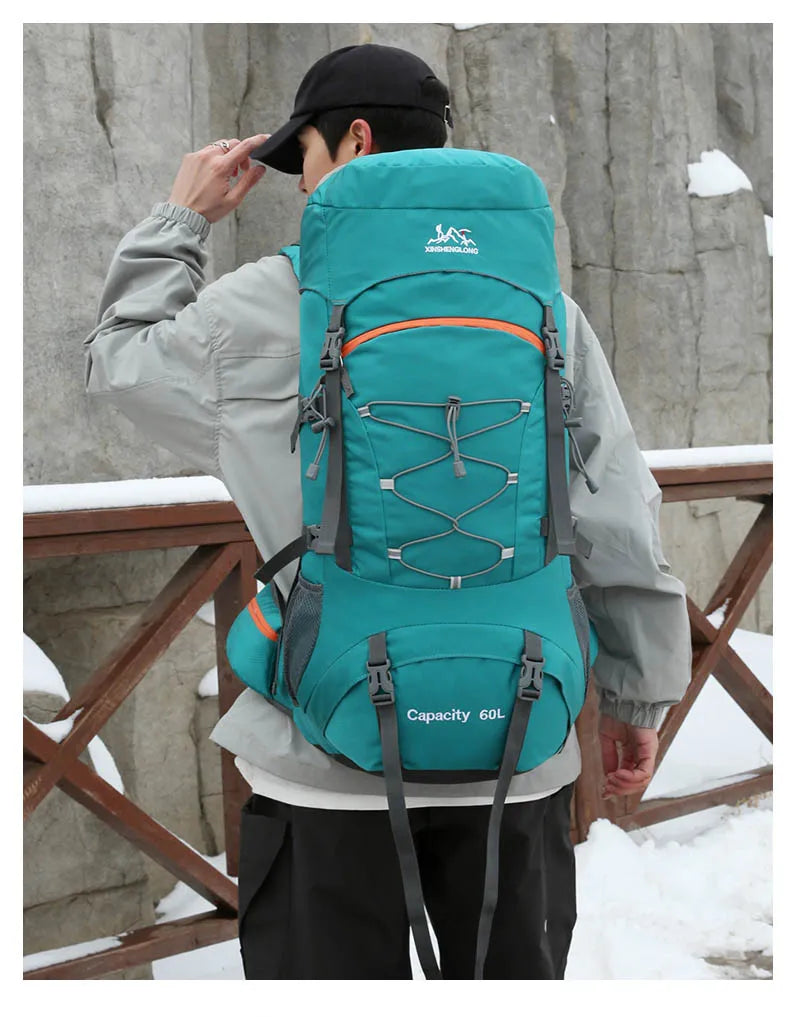 60l waterproof nylon travel camping hiking backpack with rain cover - product image