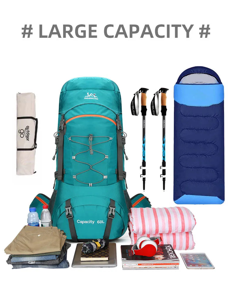 60l waterproof nylon travel camping hiking backpack with rain cover - product image