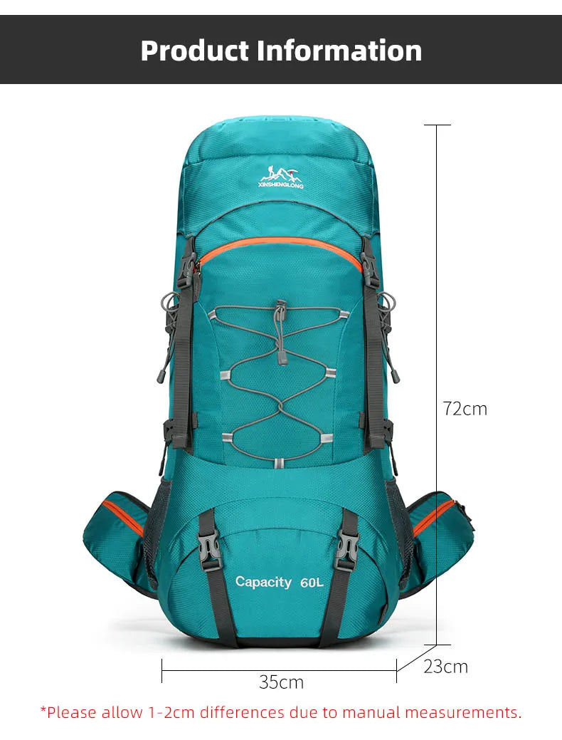 60l waterproof nylon travel camping hiking backpack with rain cover - product image