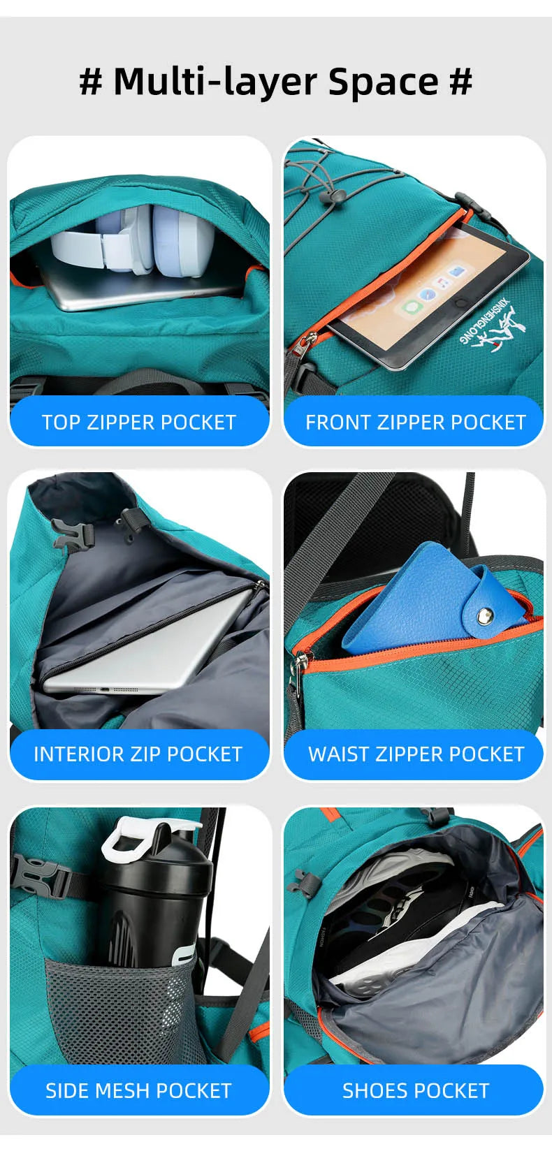 60l waterproof nylon travel camping hiking backpack with rain cover - product image