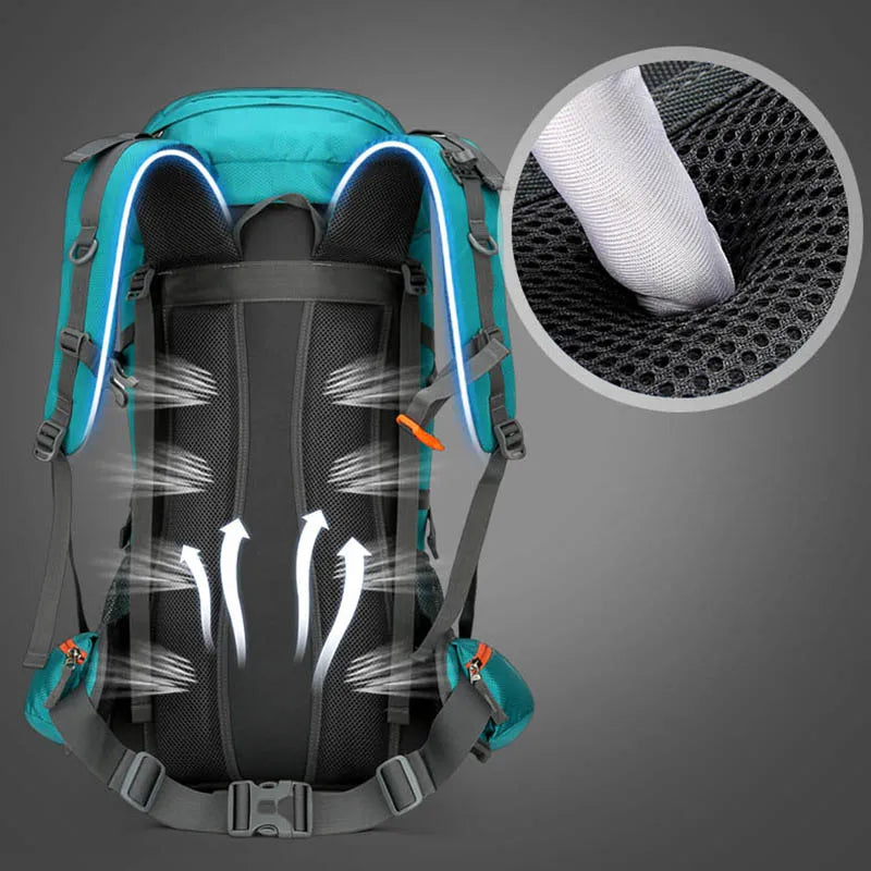 60l waterproof nylon travel camping hiking backpack with rain cover - product image