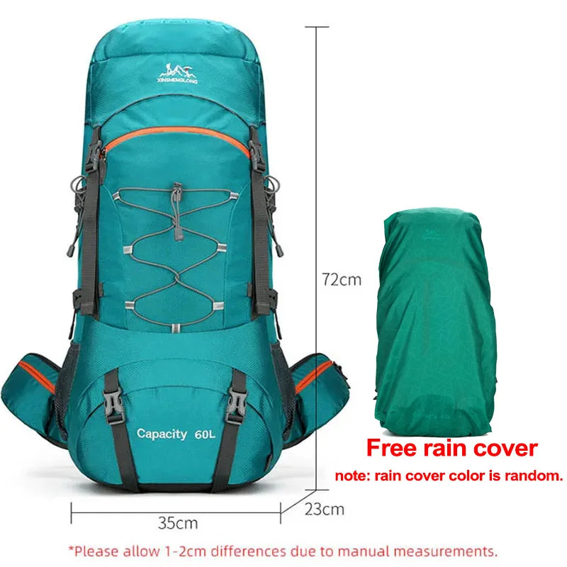 60l waterproof nylon travel camping hiking backpack with rain cover - product image