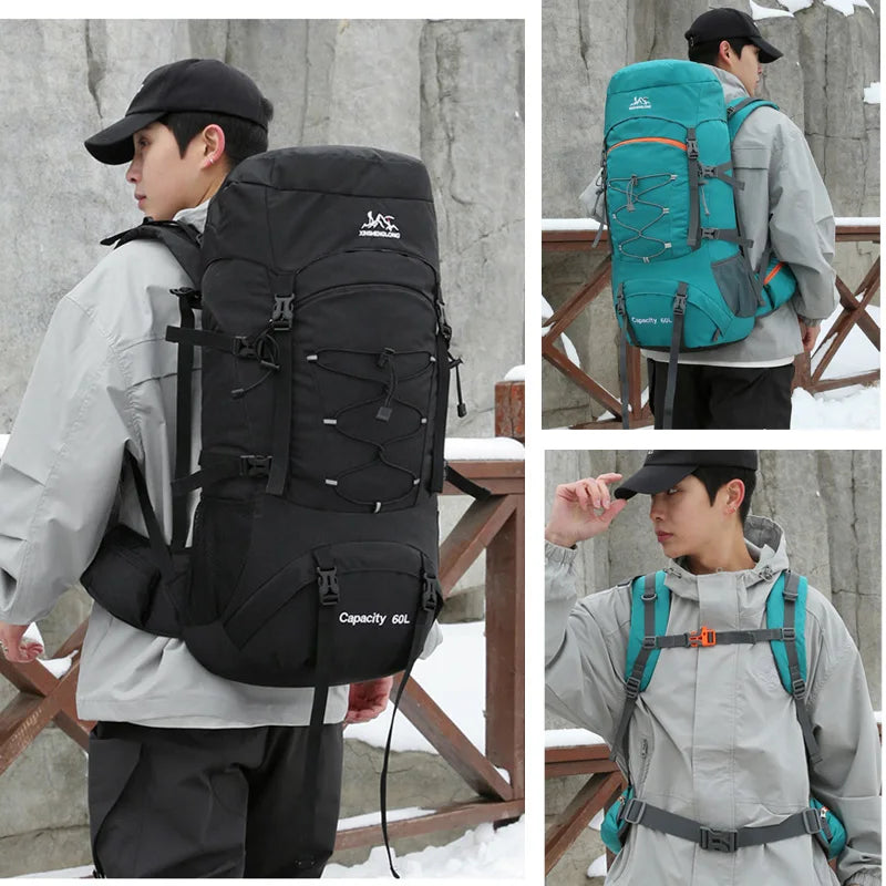 60l waterproof nylon travel camping hiking backpack with rain cover - product image