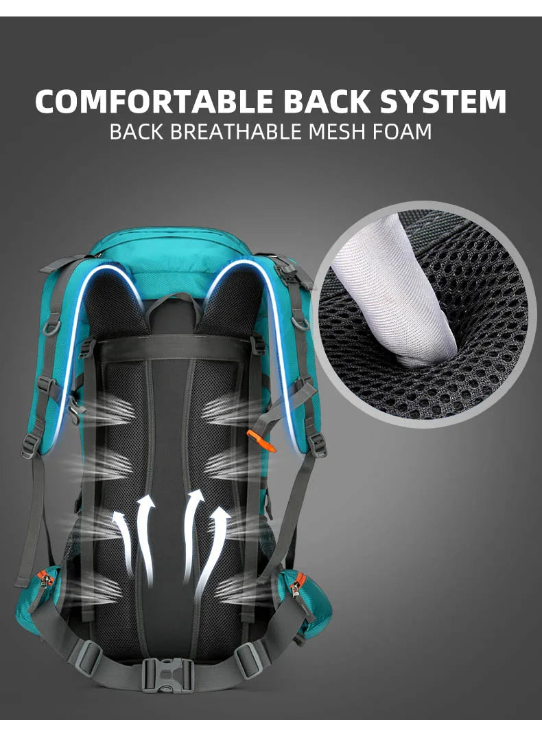 60l waterproof nylon travel camping hiking backpack with rain cover - product image