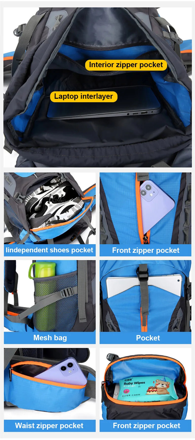 70l large capacity waterproof nylon camping backpack with multiple color options - product image