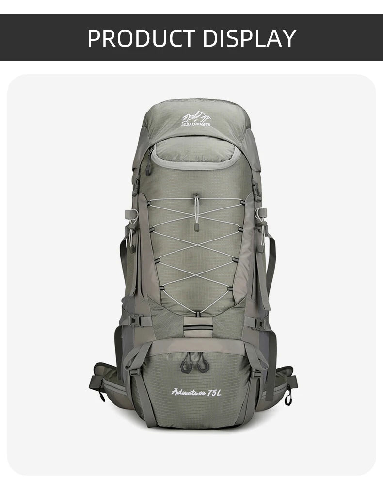 75l large capacity camping backpack with detachable stand and rain cover - product image