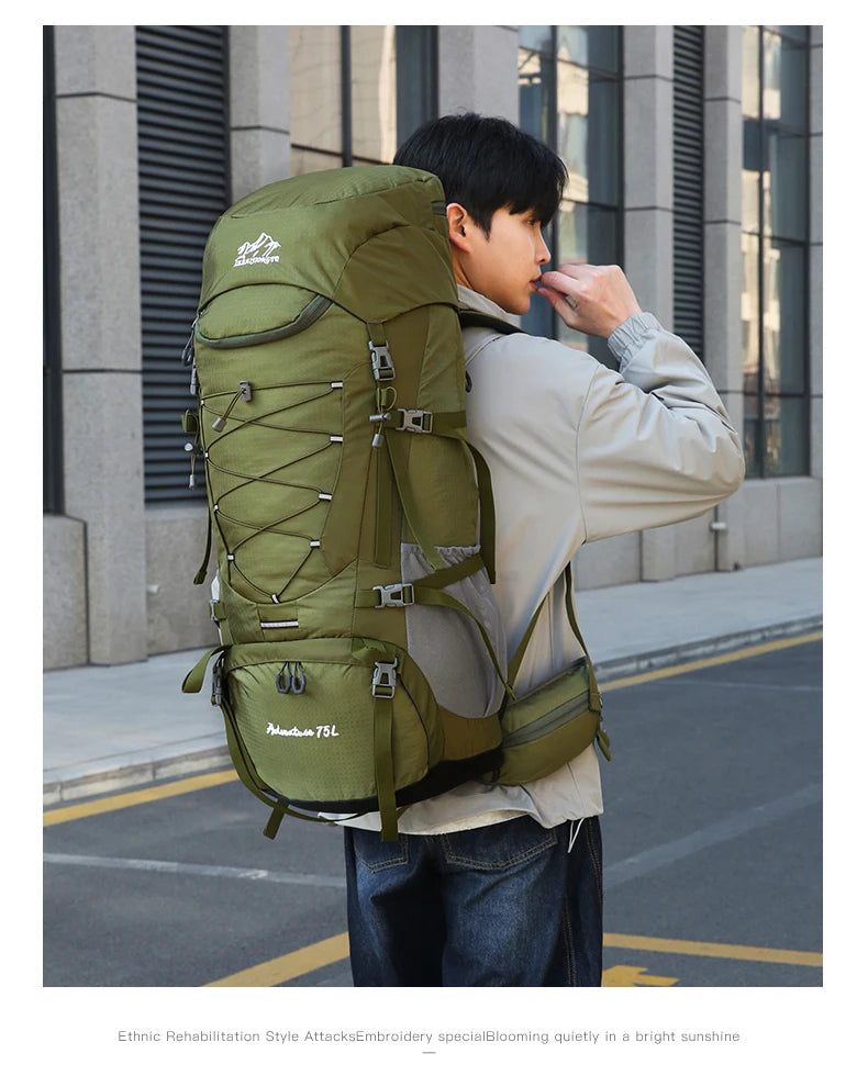 75l large capacity camping backpack with detachable stand and rain cover - product image