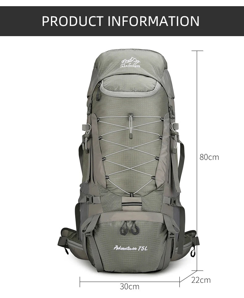 75l large capacity camping backpack with detachable stand and rain cover - product image