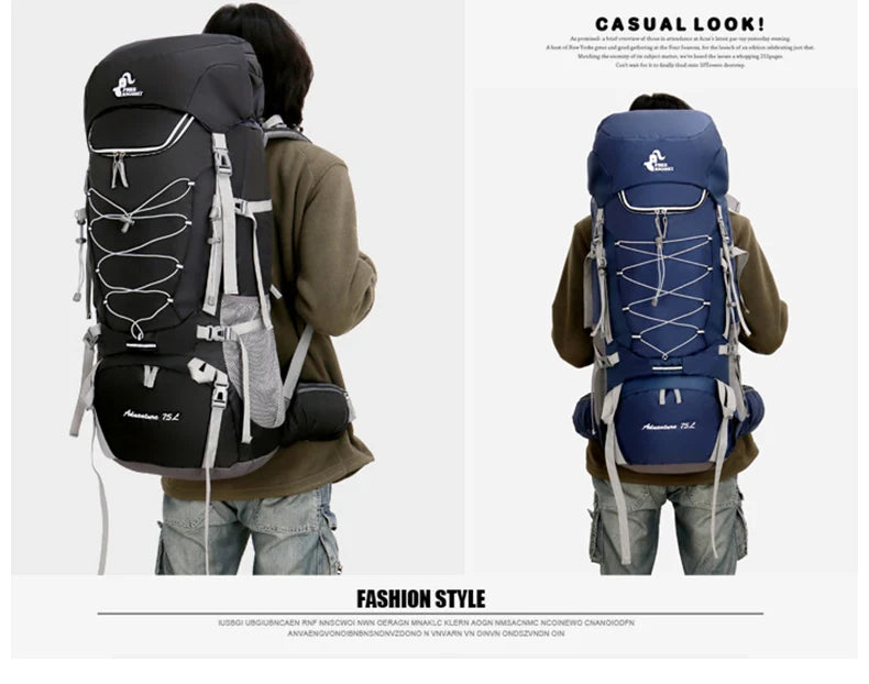 75l large capacity camping backpack with rain cover, nylon material - product image
