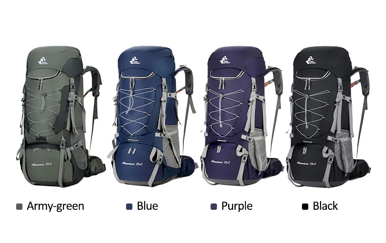75l large capacity camping backpack with rain cover, nylon material - product image