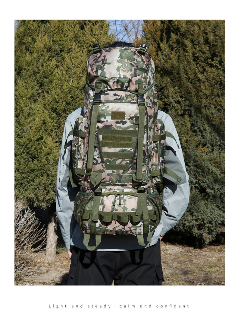 90l waterproof nylon tactical hiking camping backpack with multiple pockets - product image