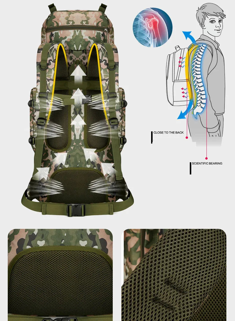 90l waterproof nylon tactical hiking camping backpack with multiple pockets - product image
