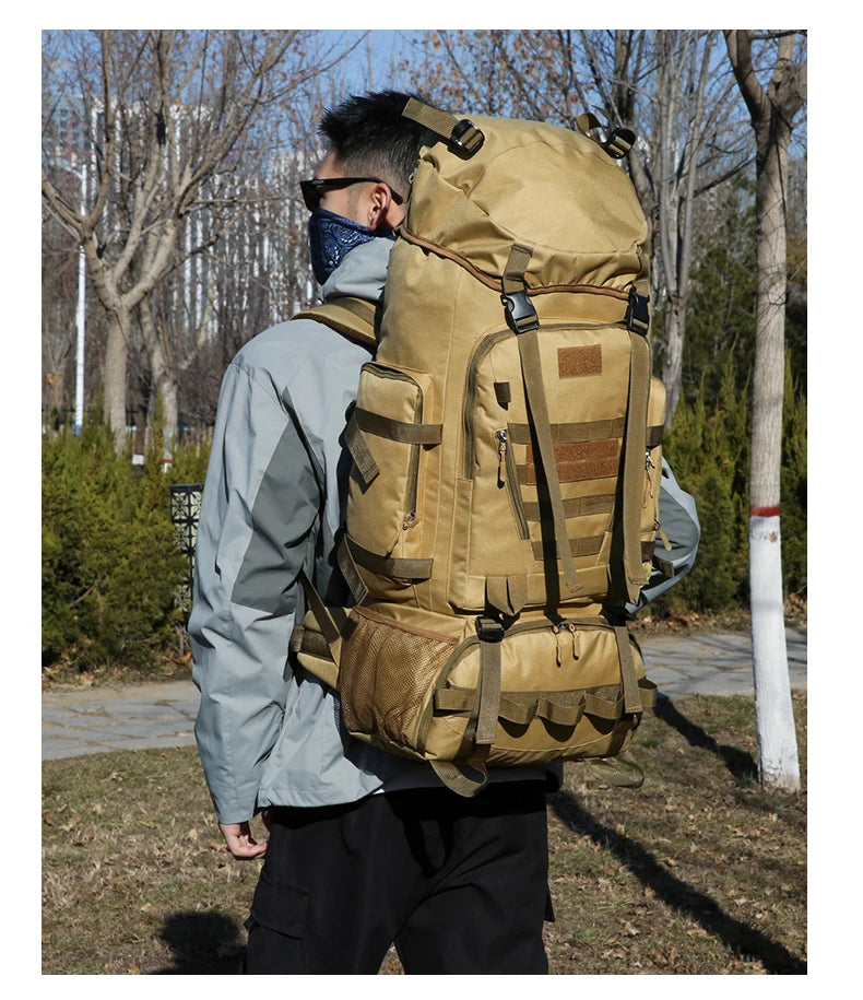 90l waterproof nylon tactical hiking camping backpack with multiple pockets - product image
