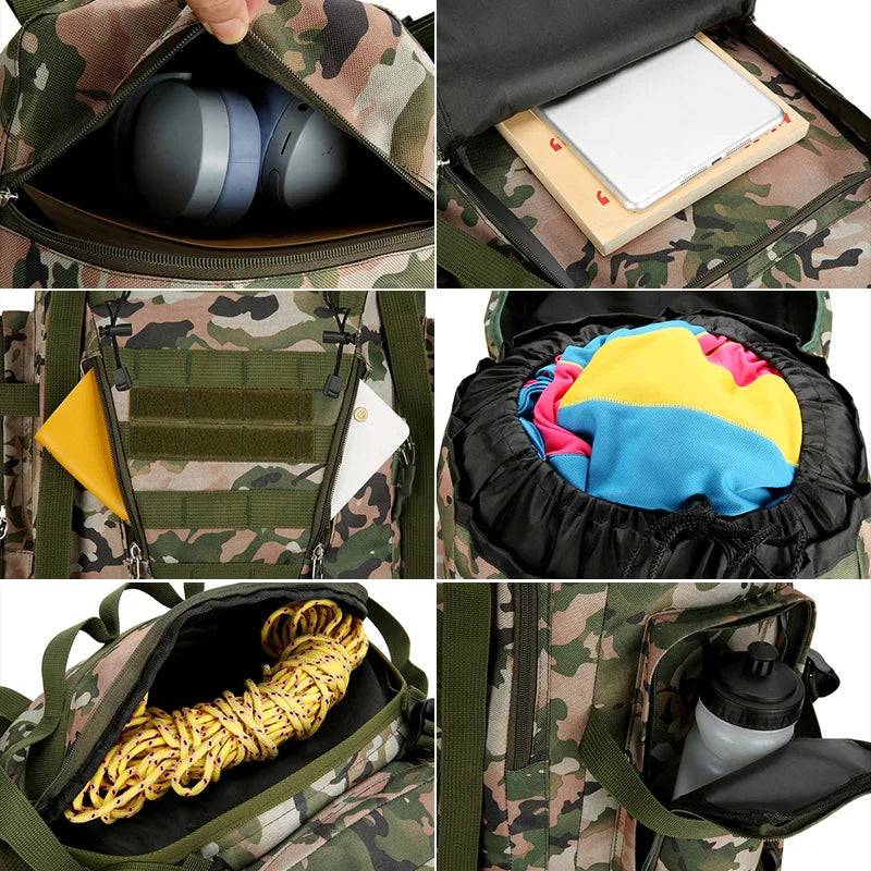 90l waterproof nylon tactical hiking camping backpack with multiple pockets - product image