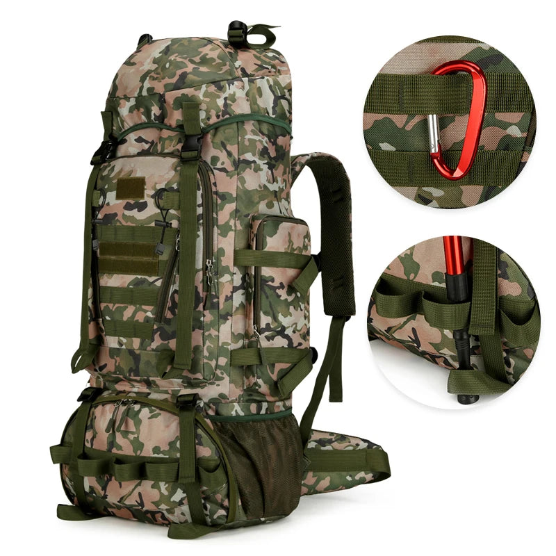 90l waterproof nylon tactical hiking camping backpack with multiple pockets - product image