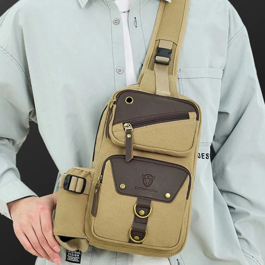 Camping shoulder bag canvas multi-pocket headphone jack detachable strap - product image