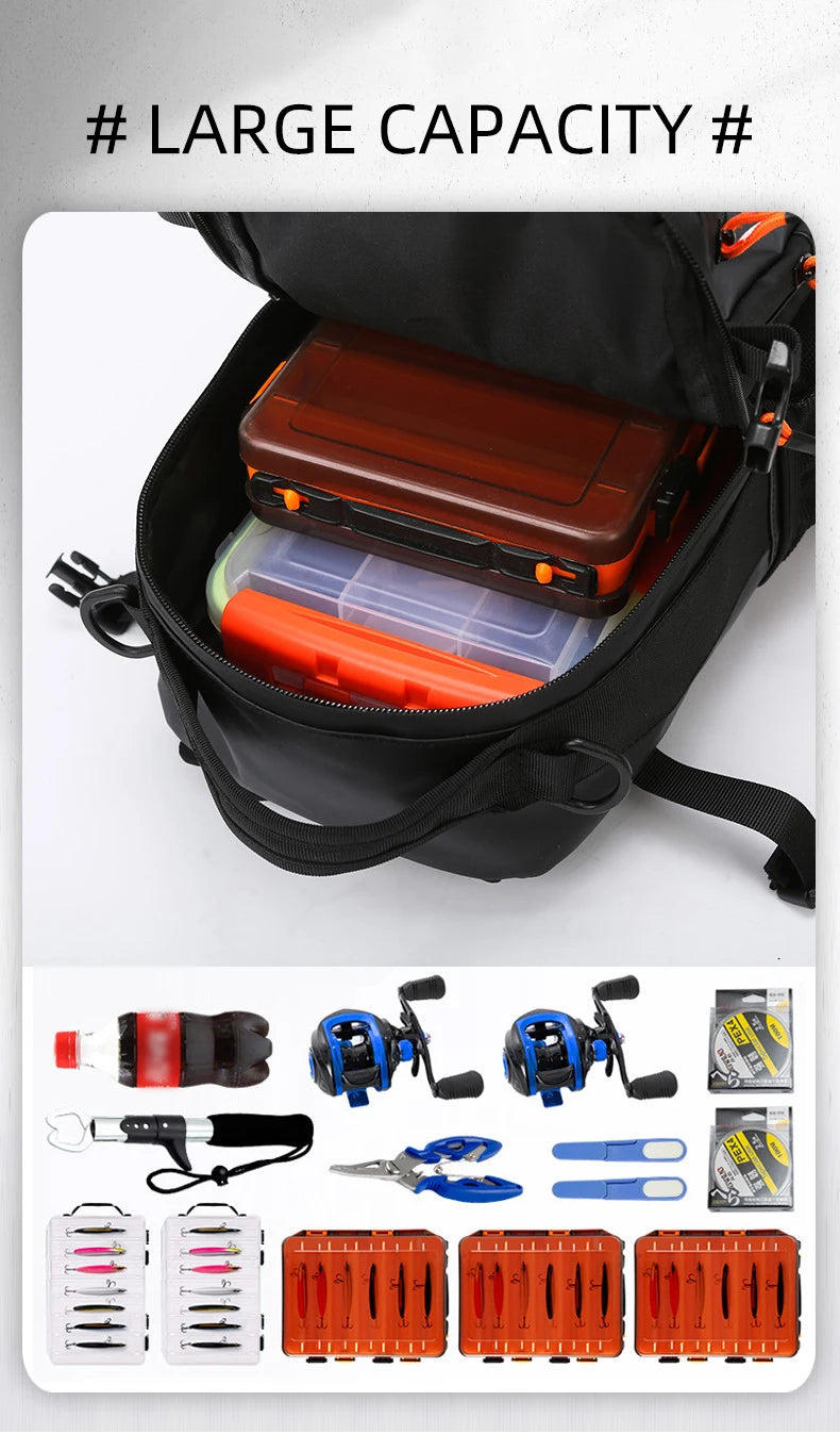 Fishing lure backpack with rod holders and molle system, nylon - product image