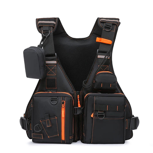 Fishing nylon reflective vest life jacket adjustable straps multiple pockets - product image