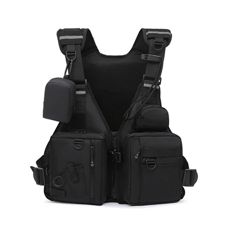 Fishing nylon reflective vest life jacket adjustable straps multiple pockets - product image