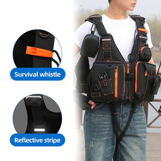 Fishing nylon reflective vest life jacket adjustable straps multiple pockets - product image