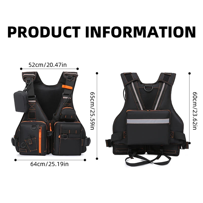 Fishing nylon reflective vest life jacket adjustable straps multiple pockets - product image