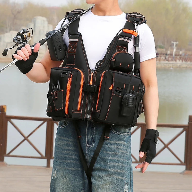 Fishing nylon reflective vest life jacket adjustable straps multiple pockets - product image