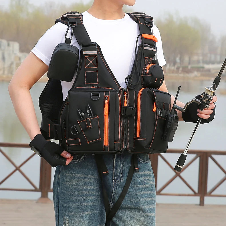 Fishing nylon reflective vest life jacket adjustable straps multiple pockets - product image