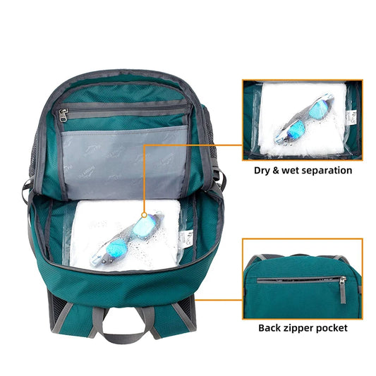 Foldable waterproof nylon outdoor backpack with dry wet separation and chest strap - product image