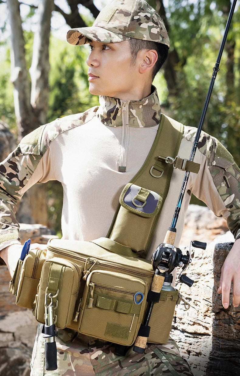 Large capacity tactical fishing climbing bag with rod holder molle nylon - product image