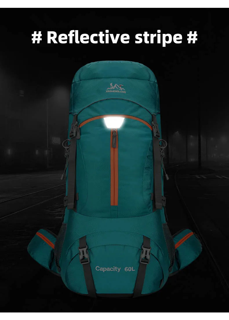 Nylon 60l camping backpack rain cover reflective stripes multi-pocket - product image