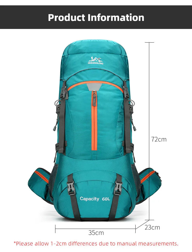 Nylon 60l camping backpack rain cover reflective stripes multi-pocket - product image