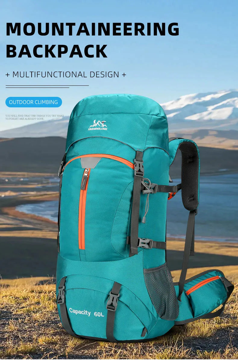 Nylon 60l camping backpack rain cover reflective stripes multi-pocket - product image