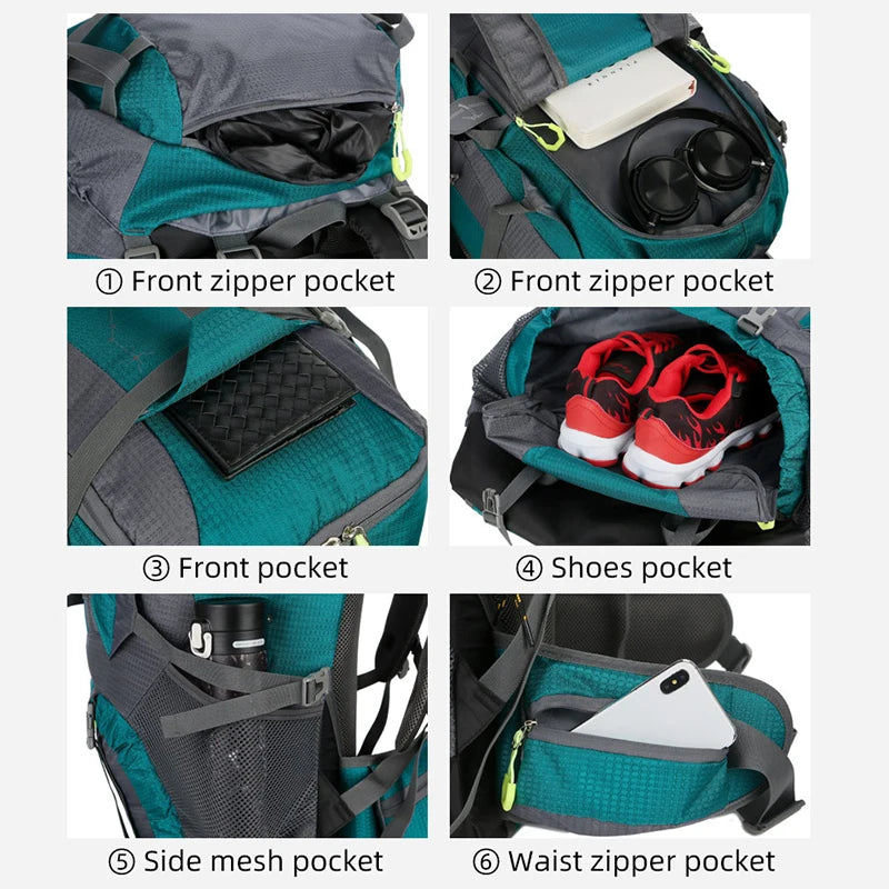 Nylon 75l camping backpack large capacity multi-layer rain cover included - product image
