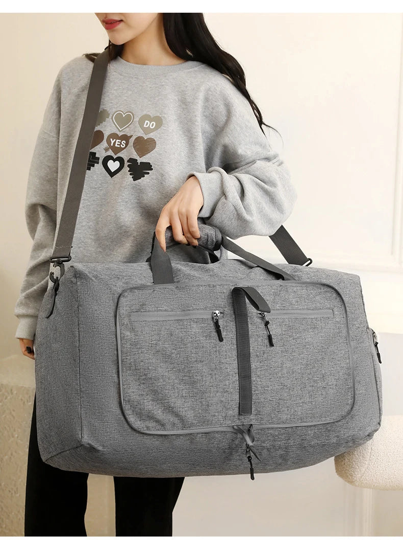 Nylon foldable large capacity gym duffel bag with shoe compartment - product image