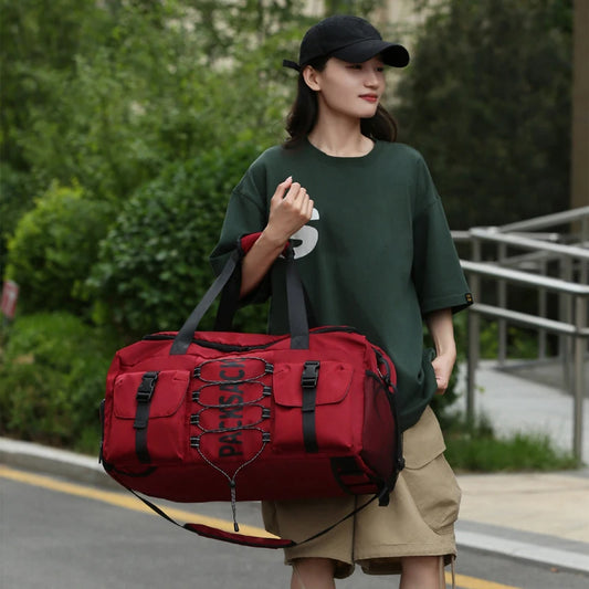 Nylon large capacity travel duffel with wet dry separation and trolley strap - product image