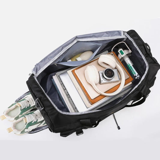 Nylon large capacity travel duffel with wet dry separation and trolley strap - product image
