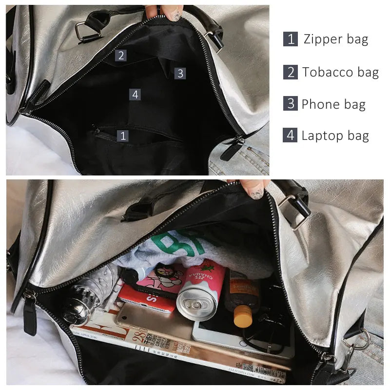 Nylon silver fitness gym bag with glitter finish and multiple sizes - product image