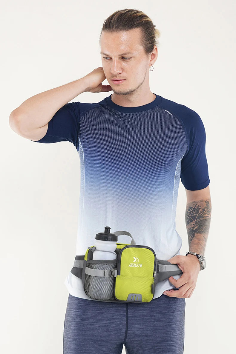 Nylon water bottle waist bag with multi-compartment and reflective strip - product image