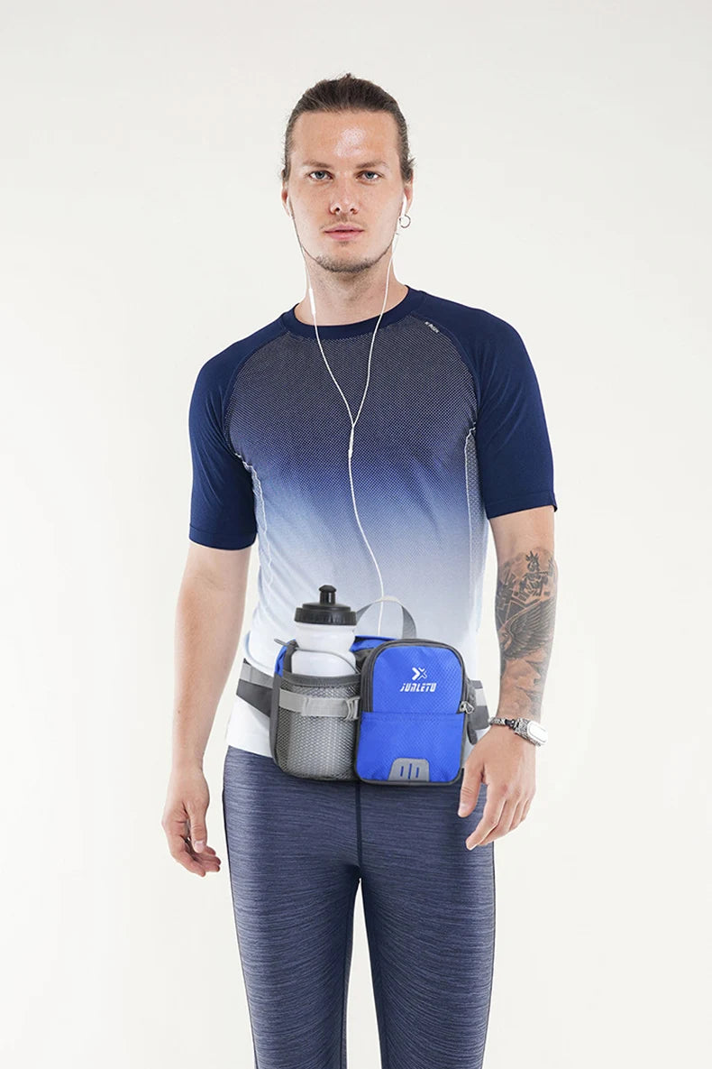 Nylon water bottle waist bag with multi-compartment and reflective strip - product image