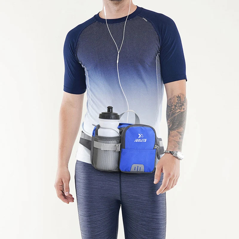 Nylon water bottle waist bag with multi-compartment and reflective strip - product image