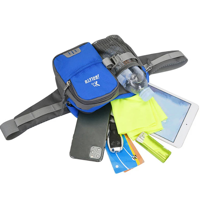 Nylon water bottle waist bag with multi-compartment and reflective strip - product image