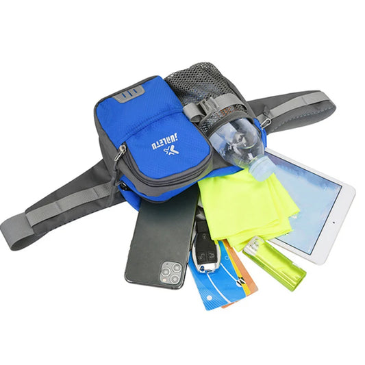 Nylon water bottle waist bag with multi-compartment and reflective strip - product image