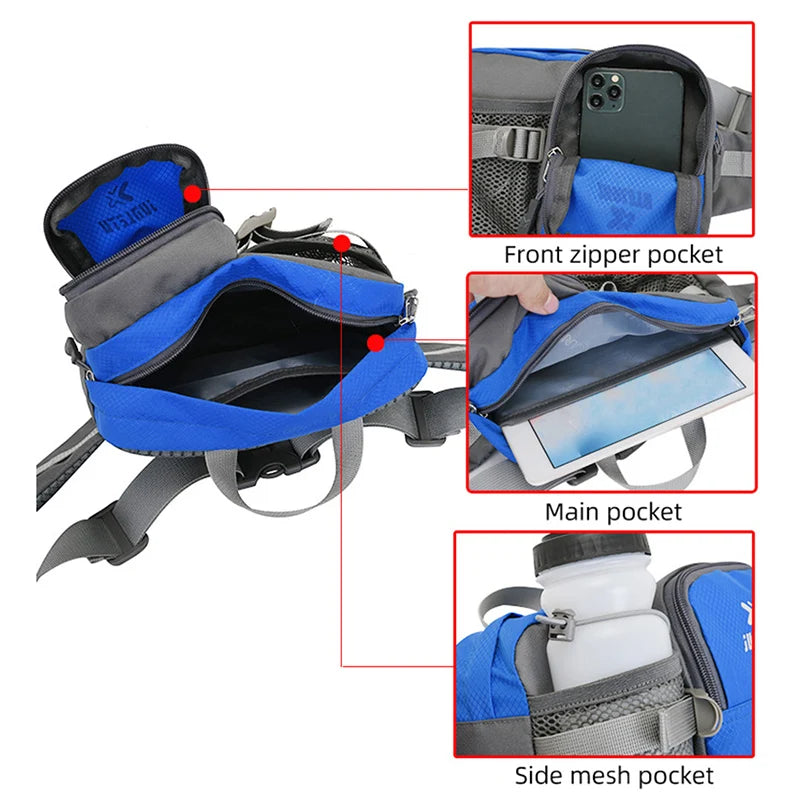 Nylon water bottle waist bag with multi-compartment and reflective strip - product image