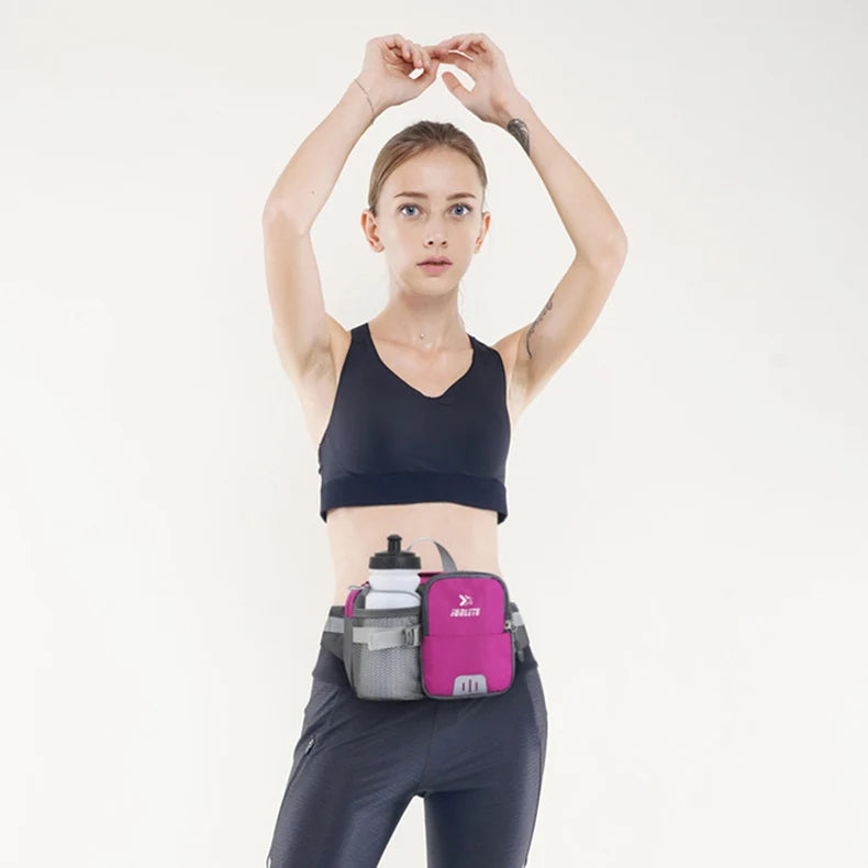 Nylon water bottle waist bag with multi-compartment and reflective strip - product image